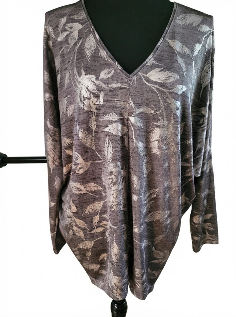 White House Black Market Metallic Charcoal Floral V-Neck Tunic